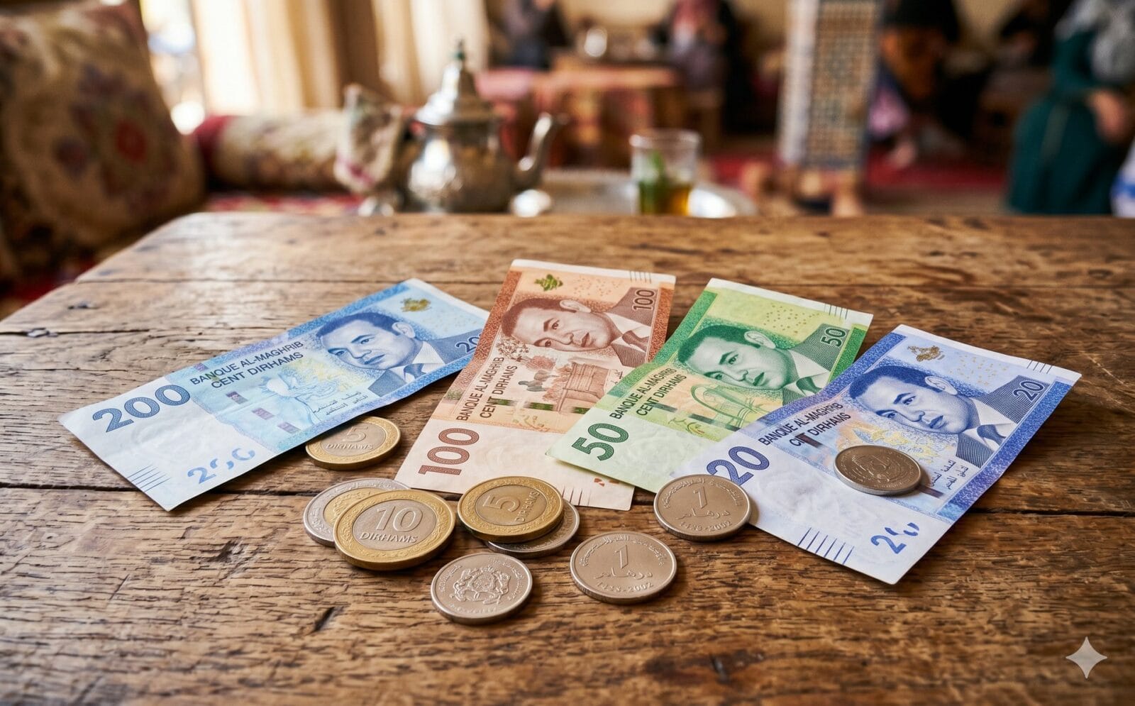 Marokkaanse dirham-bankbiljetten en munten uitgespreid op een houten tafel