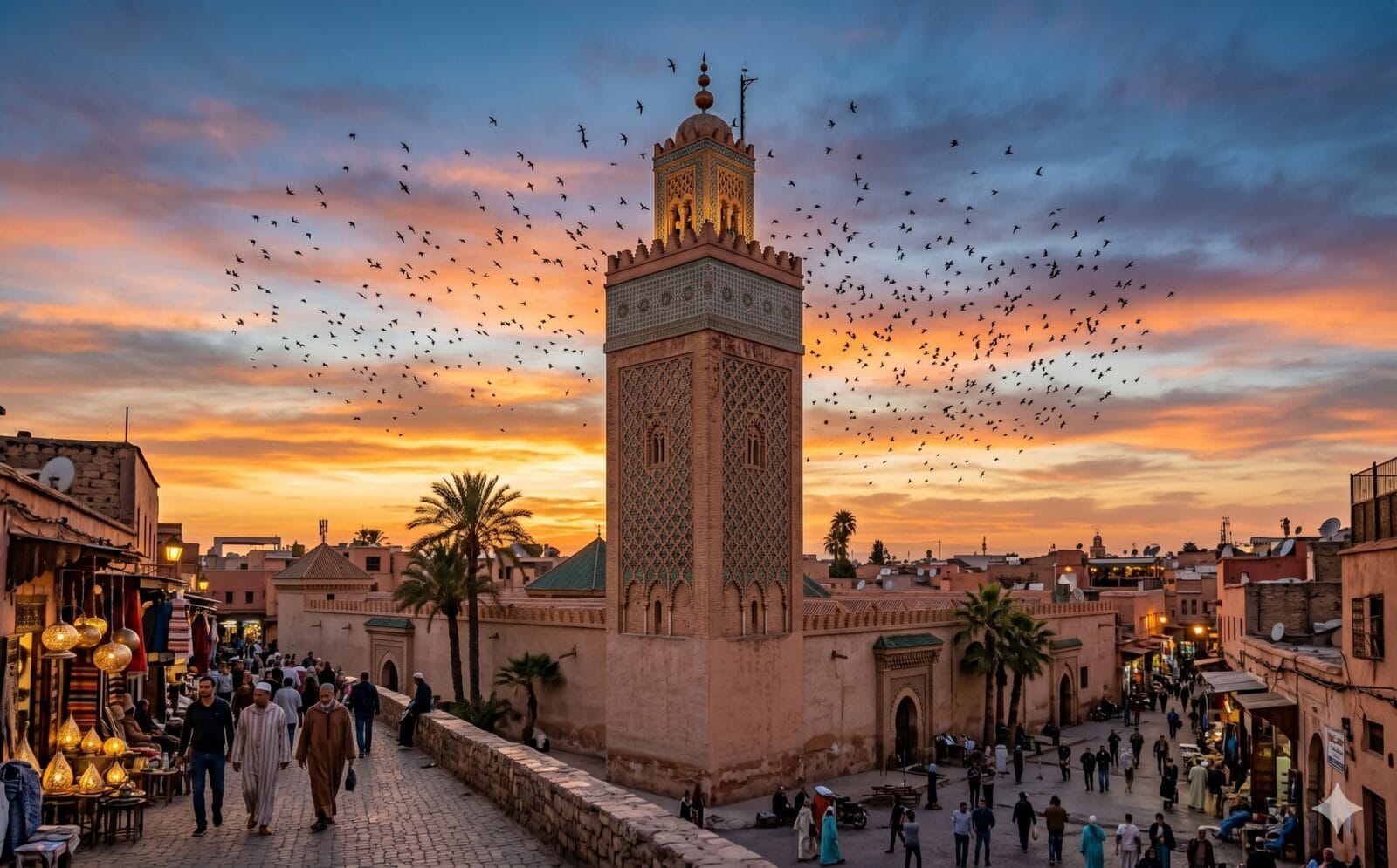 Versierde minaret tegen de avondhemel met een zwerm vogels