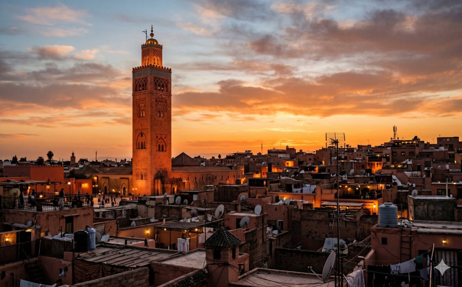 Moskee met minaret in een Marokkaanse stad bij zonsondergang met silhouet van daken