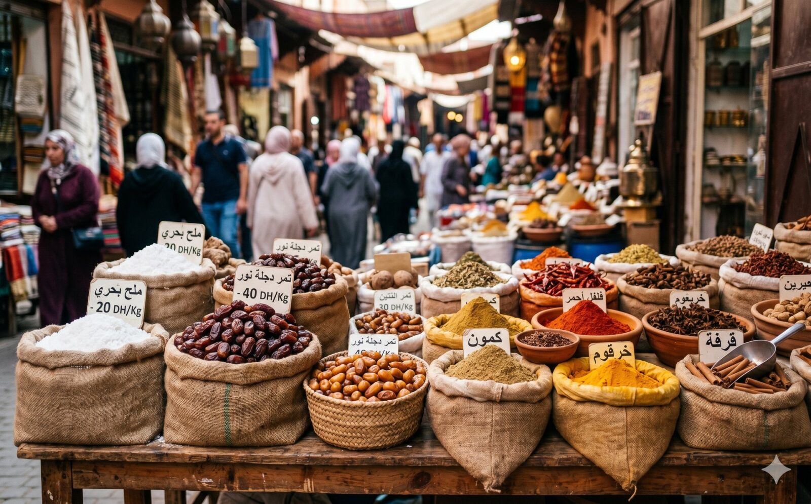 Zakken zout, dadels en specerijen op een oude handelsmarkt
