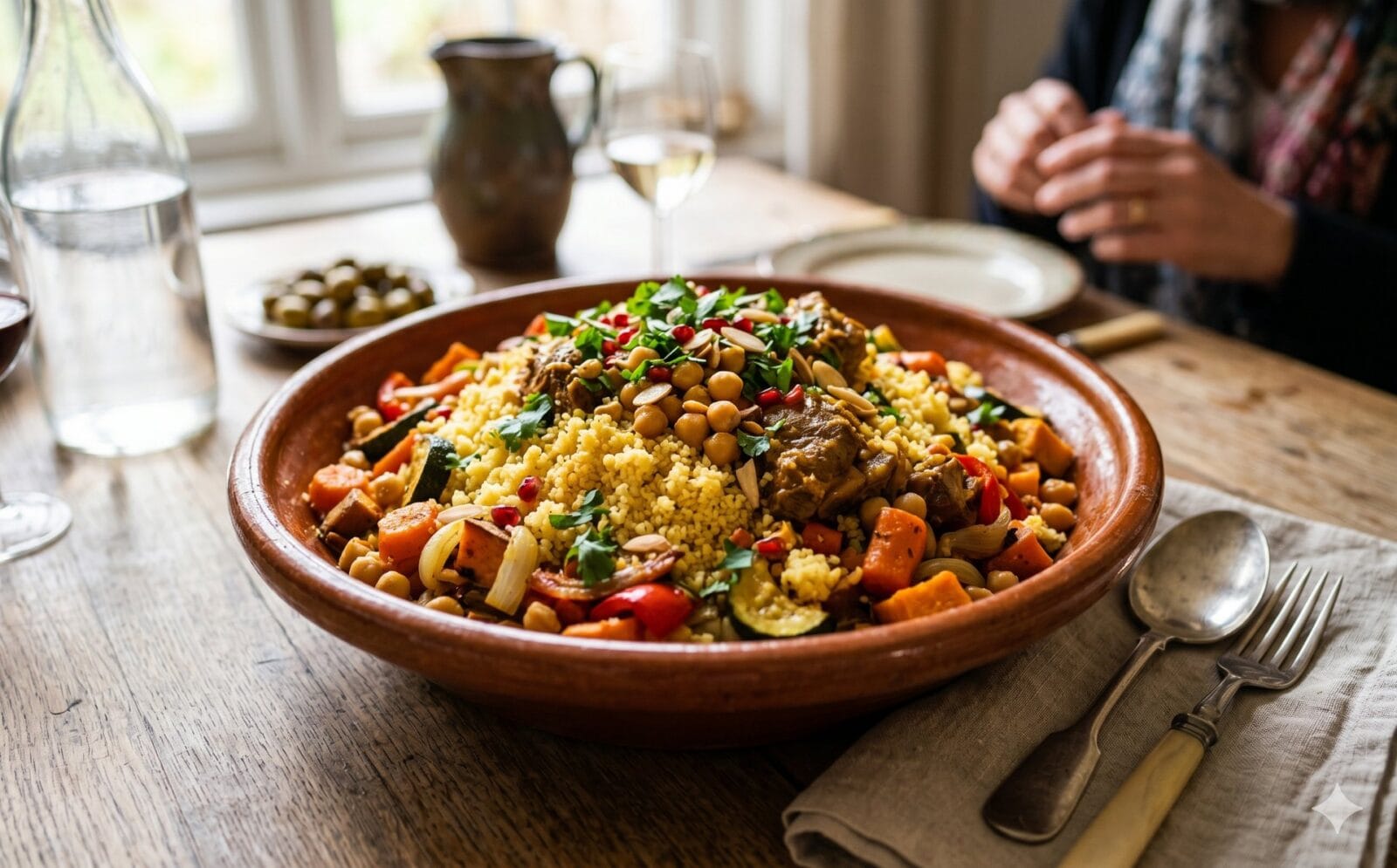 Schaal couscous met groenten, kikkererwten en vlees