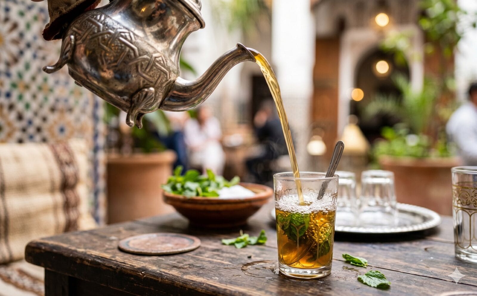 Muntthee wordt vanuit een hoge theepot in een glas geschonken