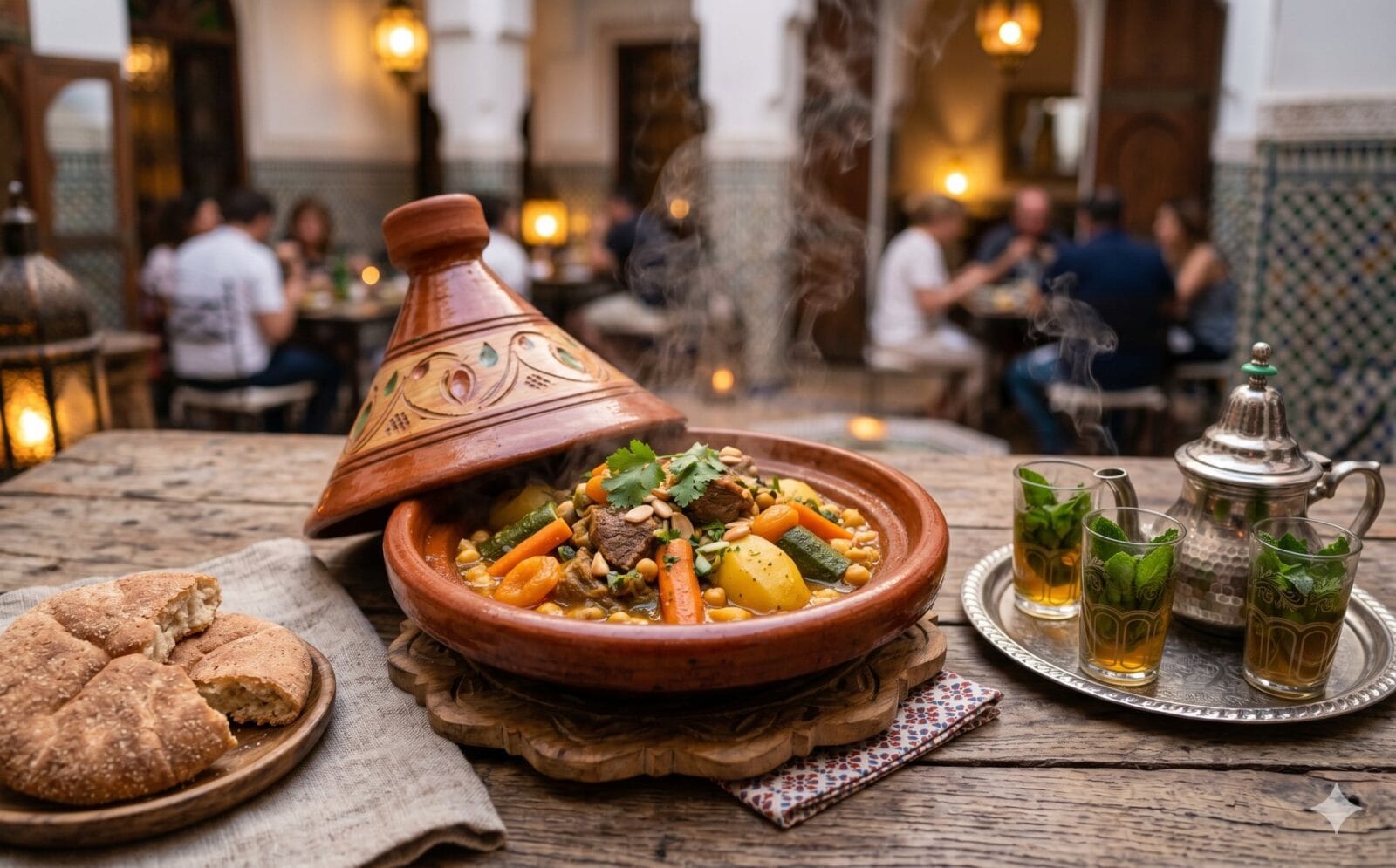 Dampende tajine met groenten en mals vlees op een tafel met brood en muntthee