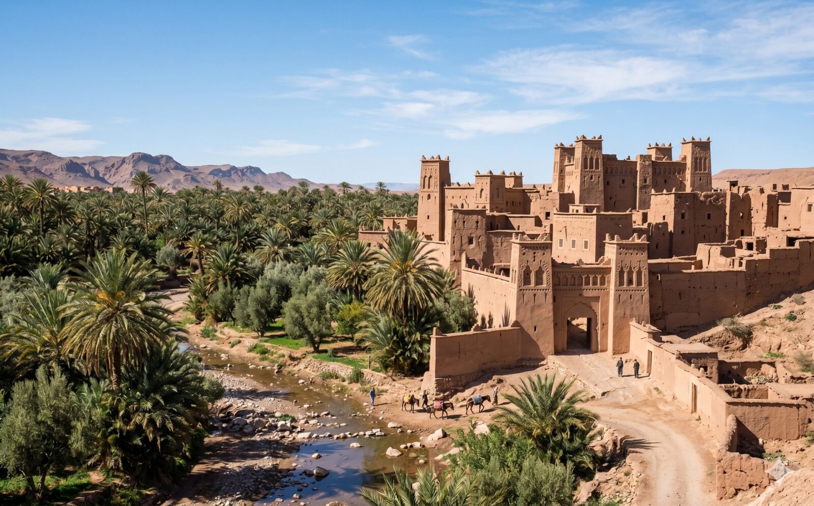 Versterkt ksar-dorp van leem aan de rand van een palmbos