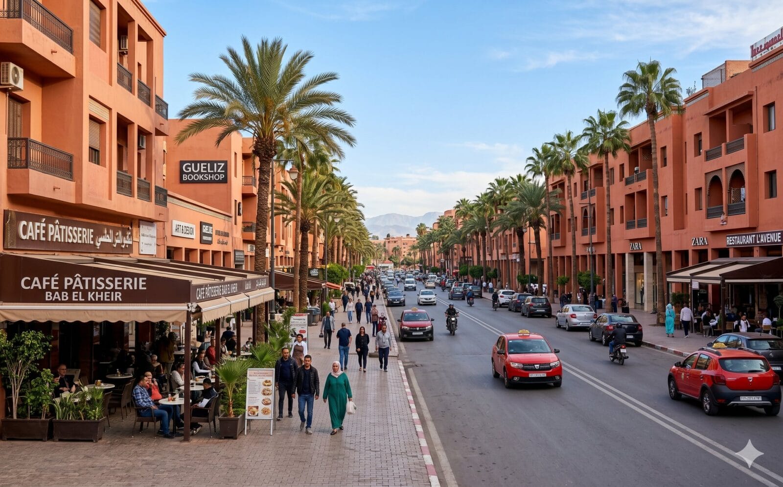 Moderne boulevard in de wijk Gueliz in Marrakesh met palmen