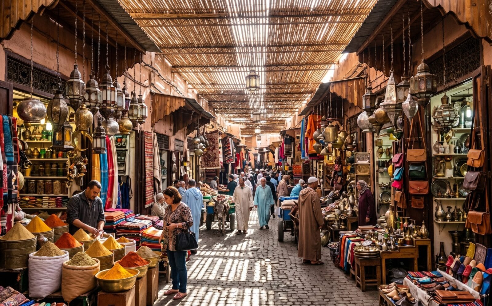 Drukke souk-steeg in Marrakesh met hangende lampen en koopwaar