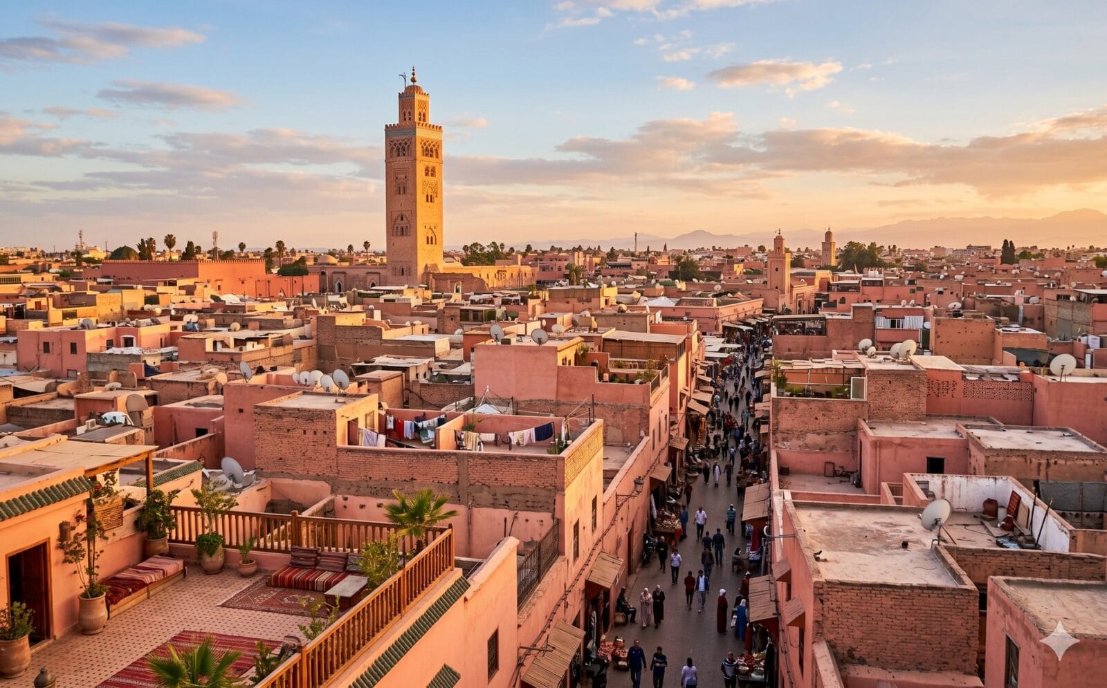 Overzicht over de medina van Marrakesh met de Koutoubia-minaret en roze daken