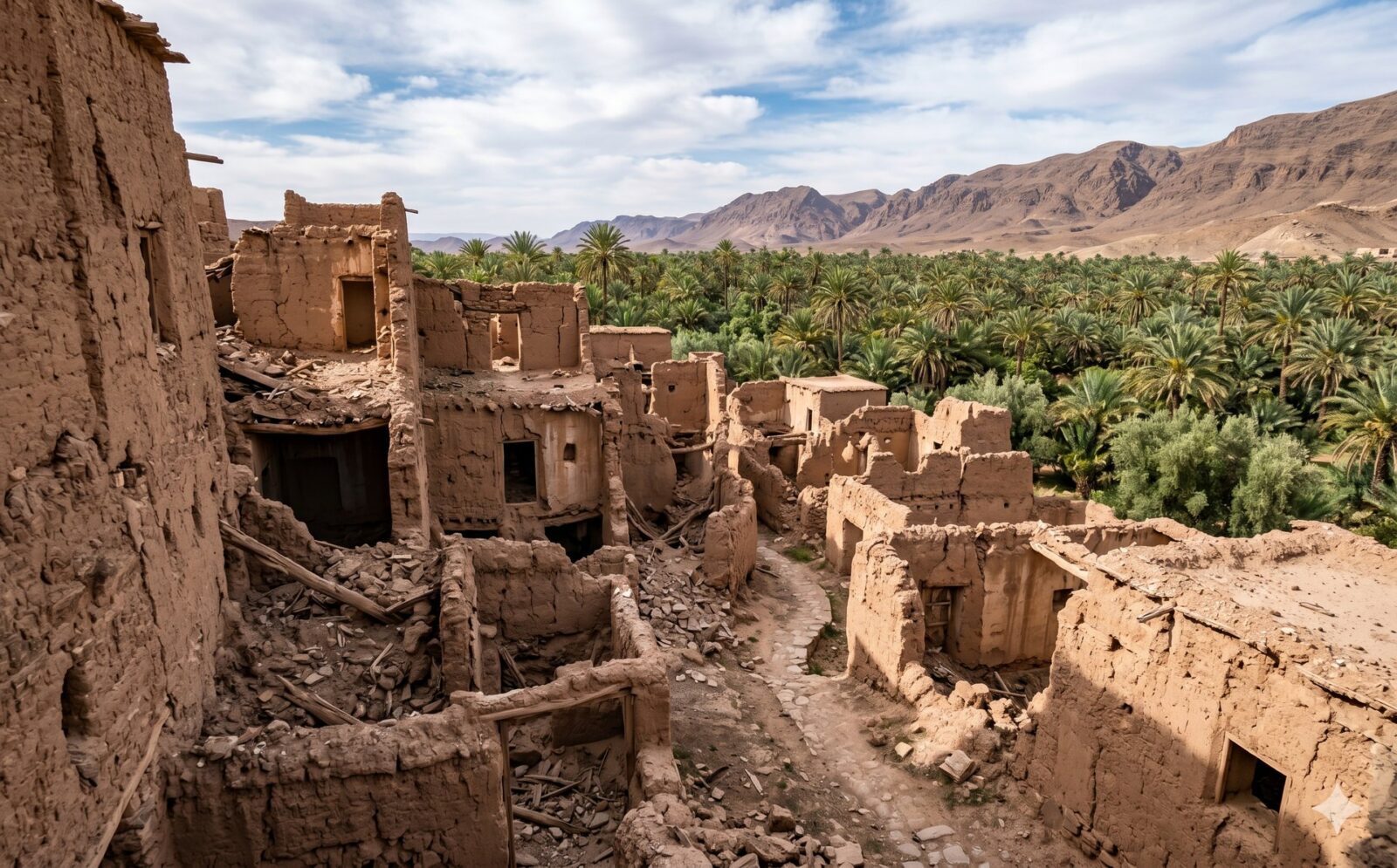 Lemen ruines van een mellah-wijk in een ksar in de Draa-vallei