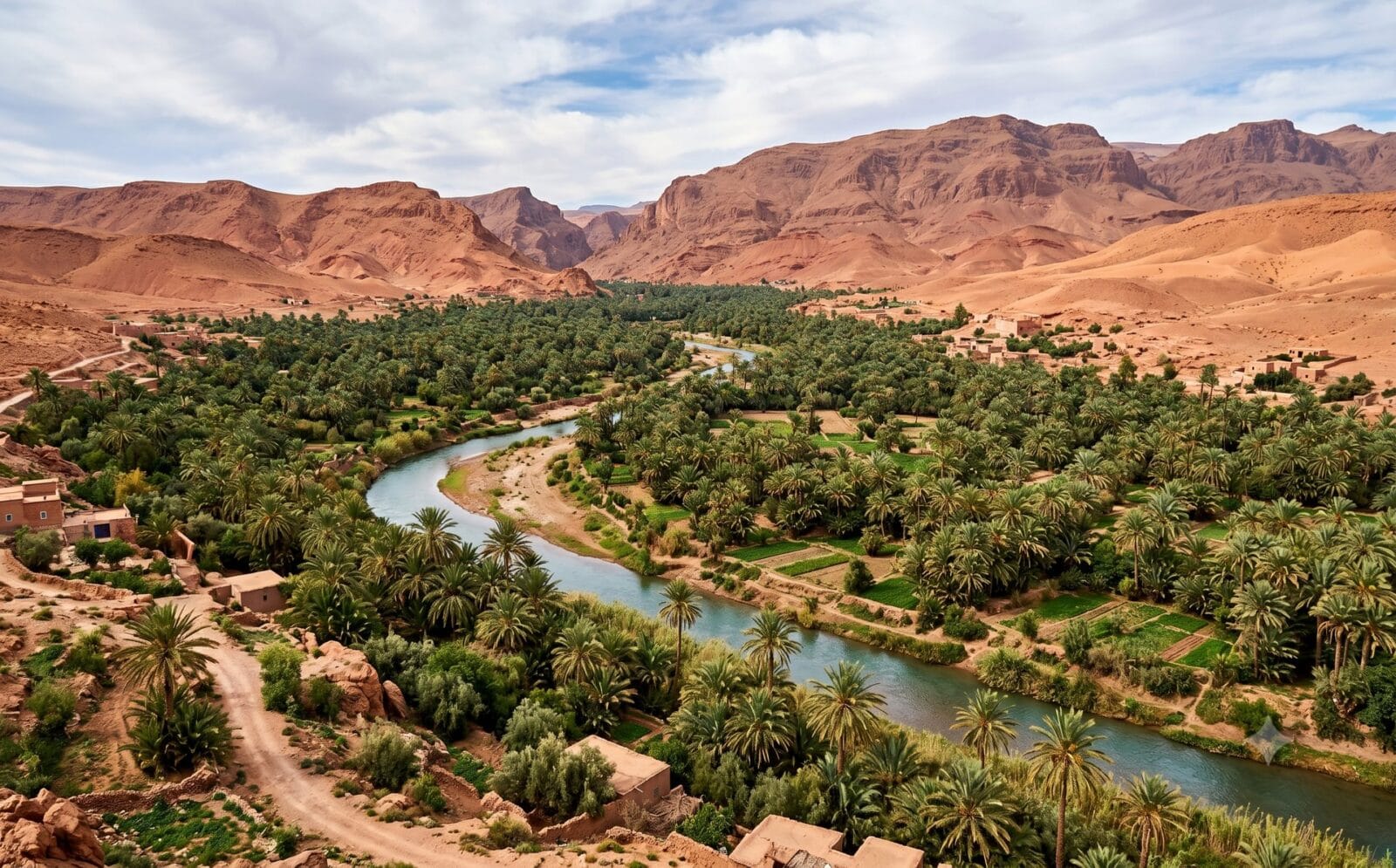 Uitgestrekte palmoase met duizenden dadelpalmen langs een rivier, omringd door rode woestijn