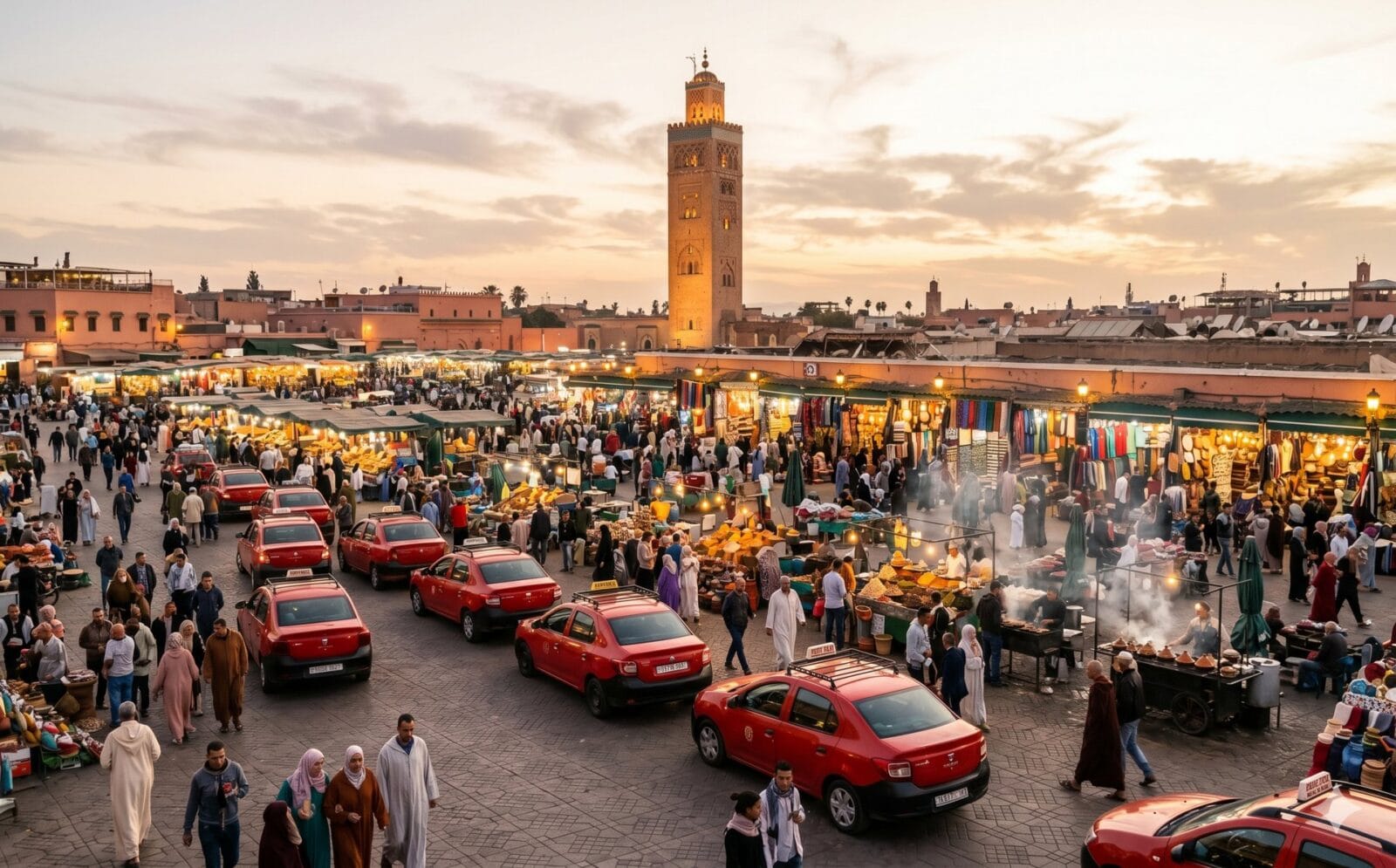 Marokkaans stadsplein met kleine rode taxis, marktkramen en een minaret op de achtergrond