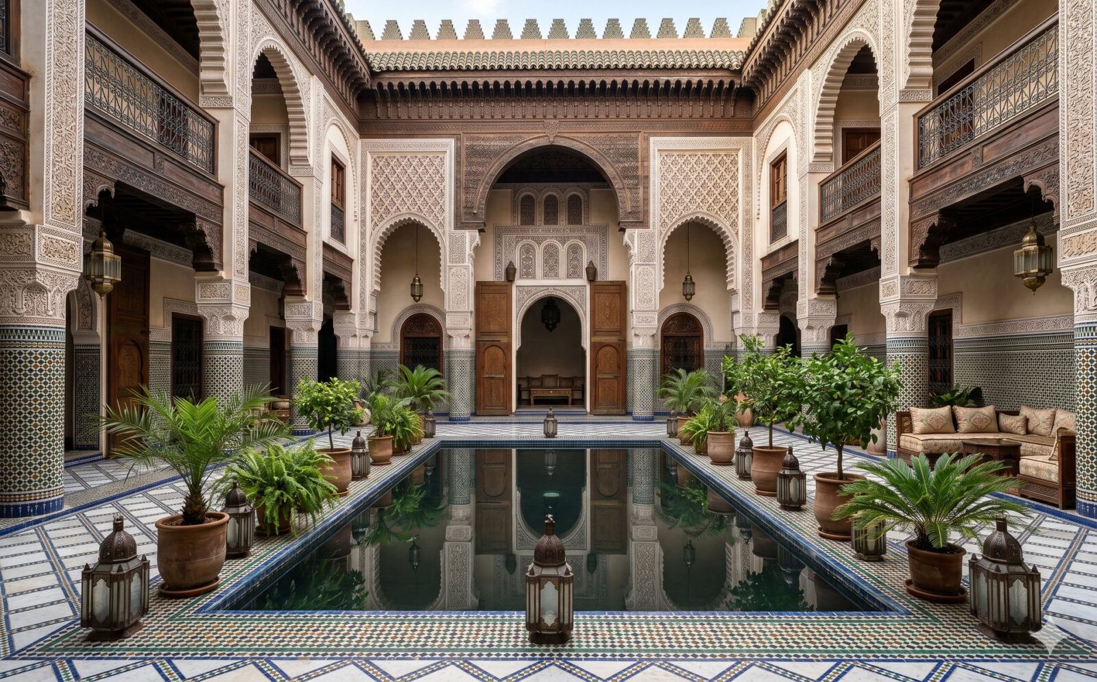 Versierde riad-binnenplaats met zuilen en een waterbassin