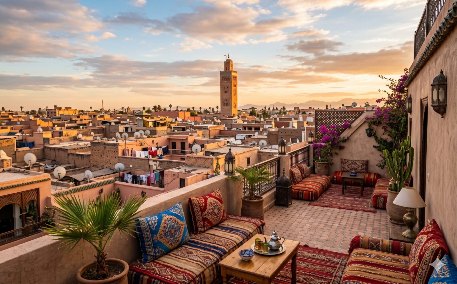 Dakterras van een riad met uitzicht over de daken van de medina