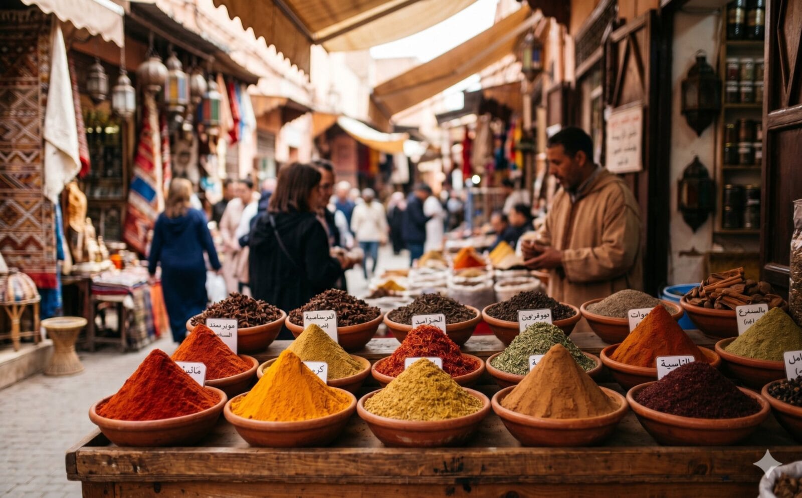 Kegels gekleurde kruiden en specerijen op een marktkraam