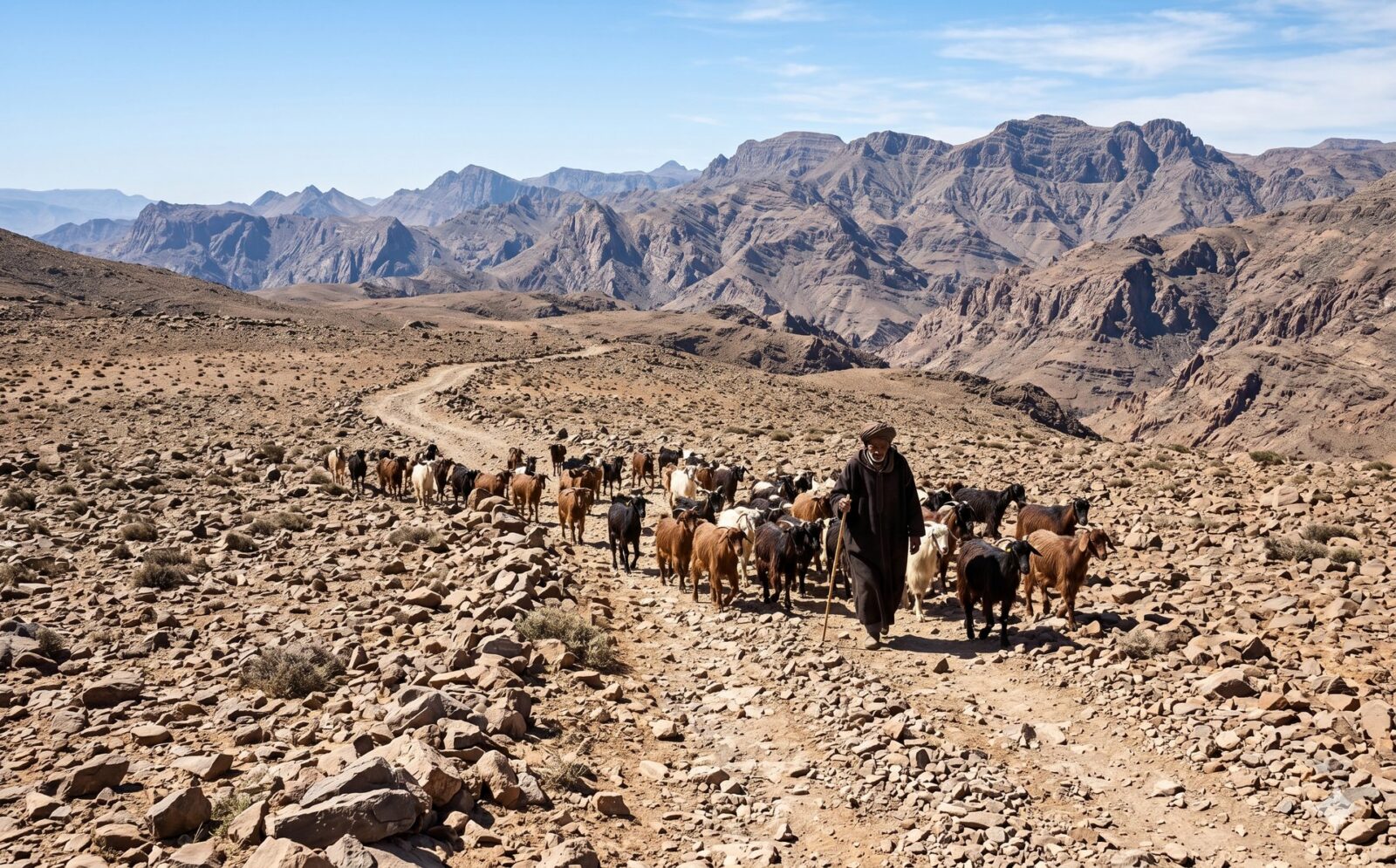 Onverhard stenig pad over een kale hoogvlakte in de Anti-Atlas met een herder en zijn kudde