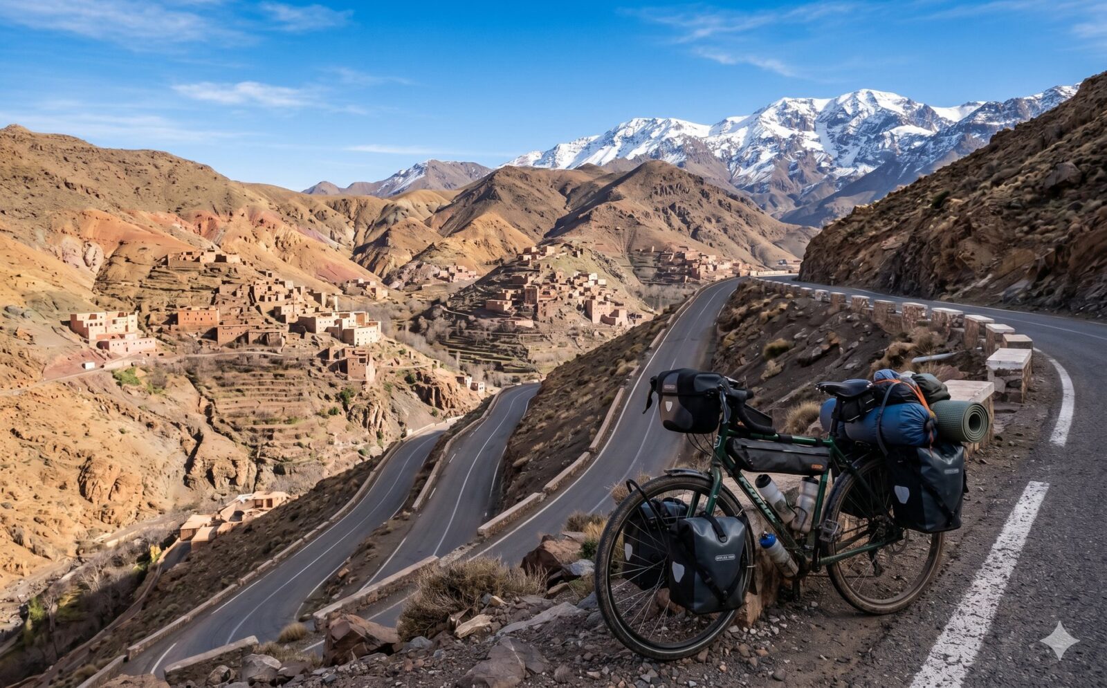 Beladen reisfiets op een kronkelende weg op de zuidflank van de Marokkaanse Atlas met pastelkleurige dorpen en besneeuwde toppen