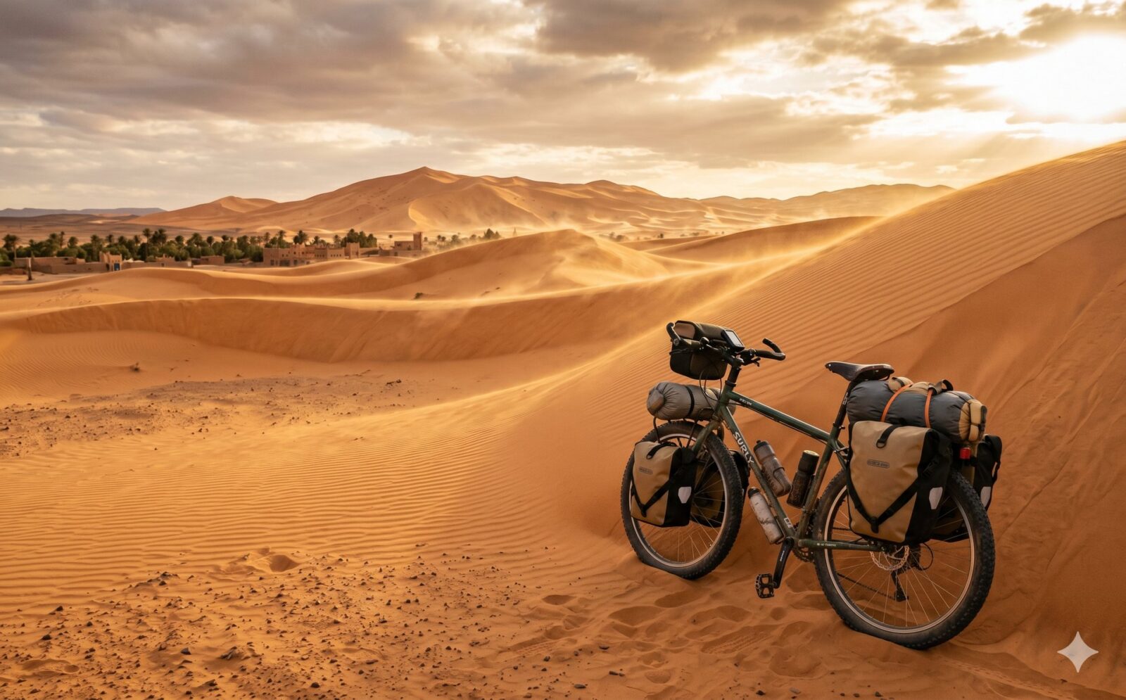 Beladen reisfiets in de luwte van de eerste Saharaduinen bij M’Hamid in de late middag