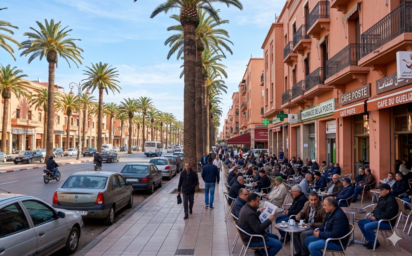 Palmenlaan met koffieterrassen in de wijk Gueliz in Marrakesh