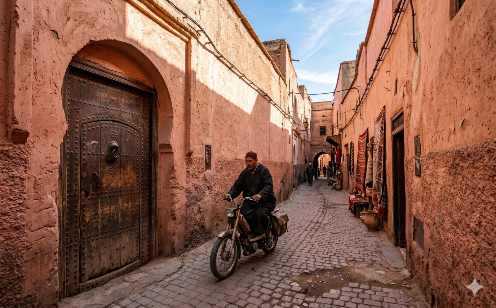 Smal steegje in de medina van Marrakesh met roze-rode lemen muren