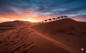 Karavaan dromedarissen als silhouetten op de duinrug van Erg Chebbi tegen een blauwroze ochtendhemel