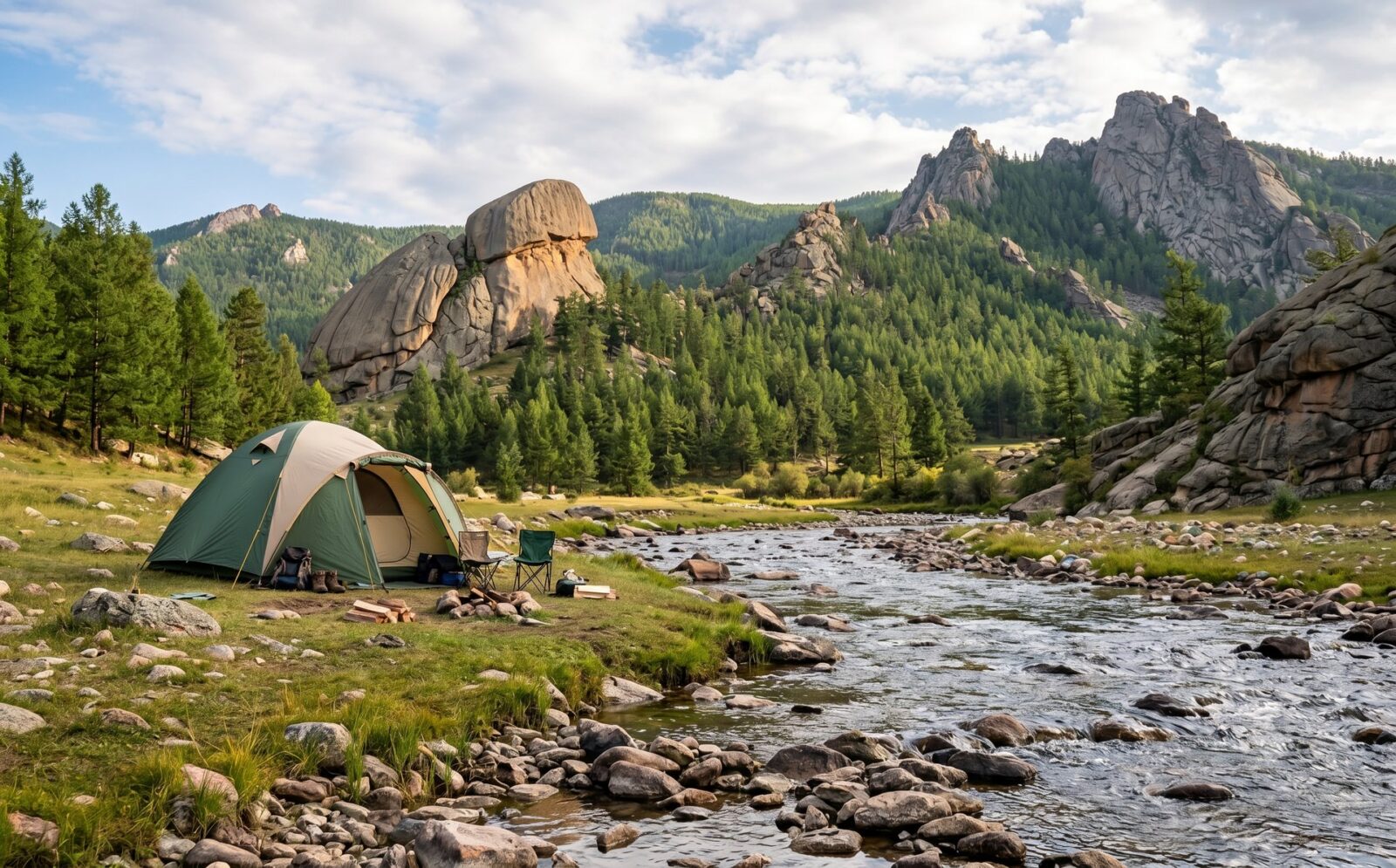 Tent langs een heldere rivier in Gorkhi-Terelj met beboste heuvels