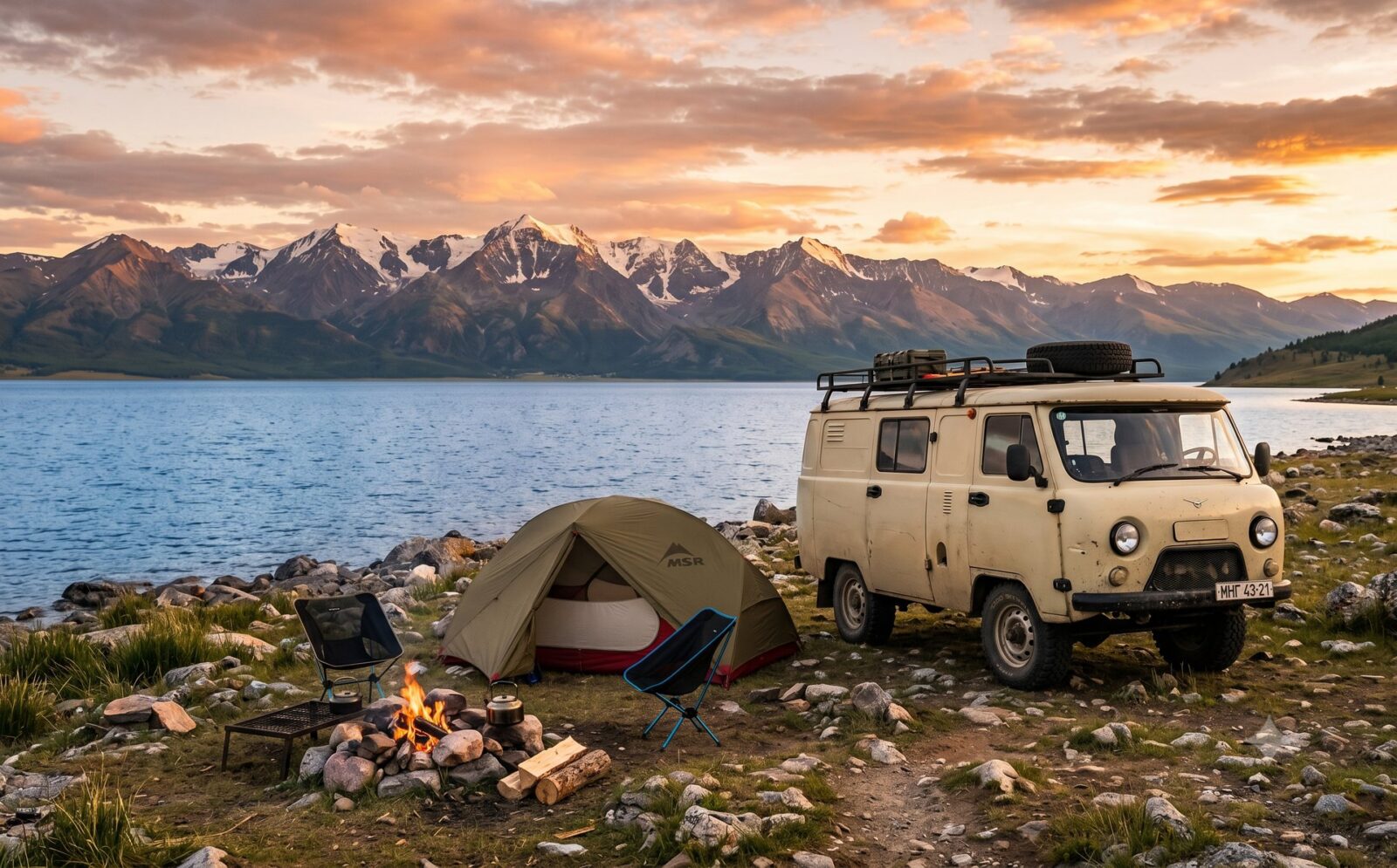 Kampeerplek met tent, minibus en kampvuur aan een Mongools bergmeer bij zonsondergang