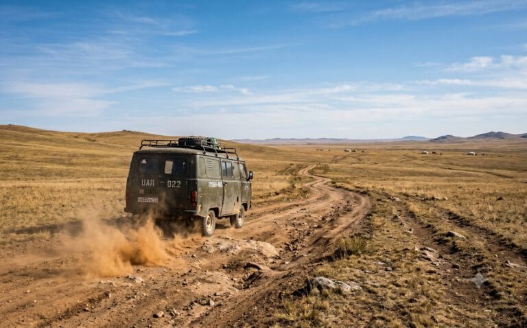 Oude Sovjet-UAZ-furgon minibus rijdt over een stoffig zandspoor door de steppe