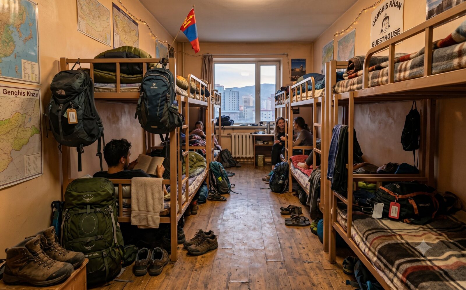 Backpackers-slaapzaal met stapelbedden in een guesthouse in Ulaanbaatar