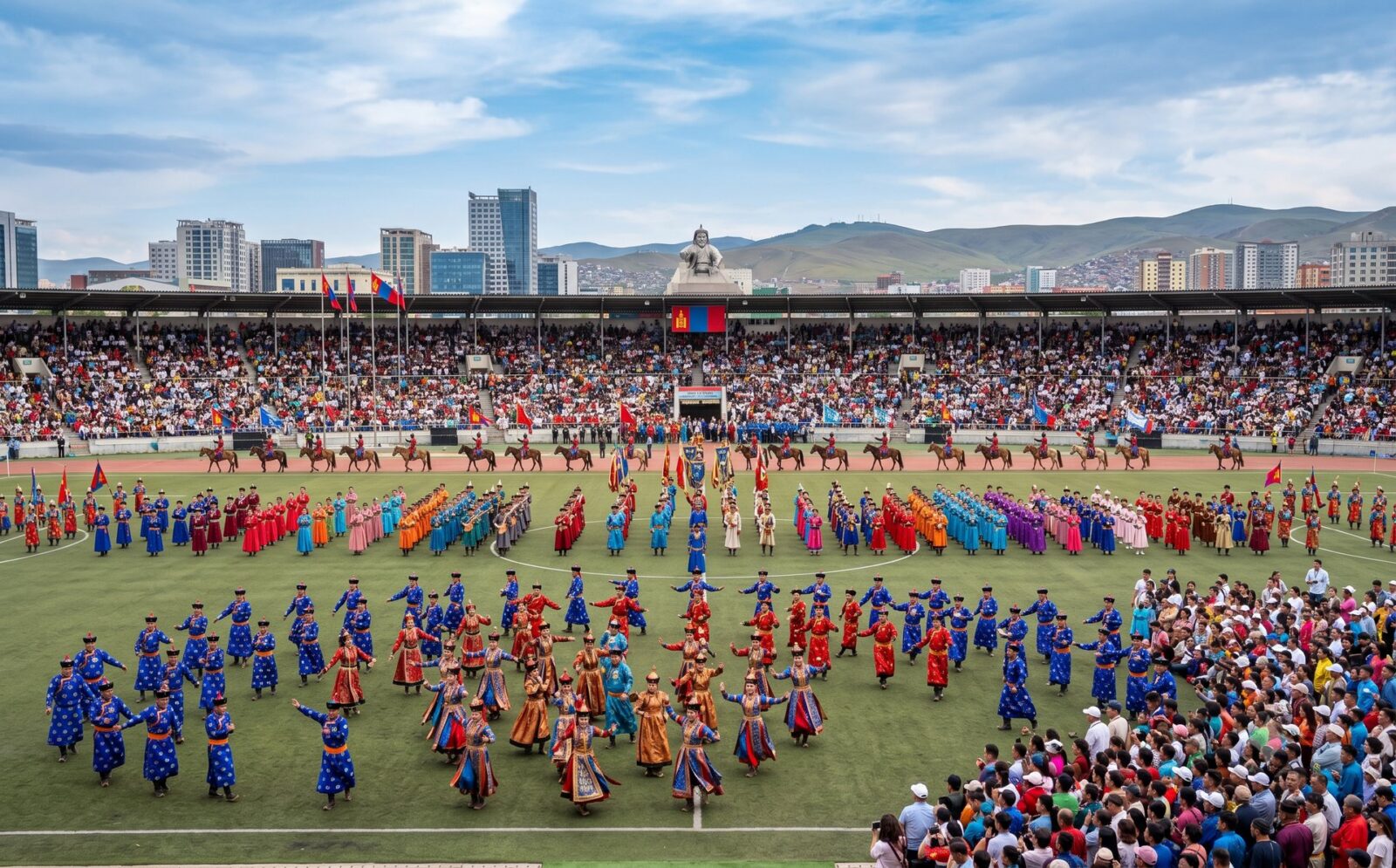 Openingsceremonie van het Nadaam-festival in het stadion van Ulaanbaatar
