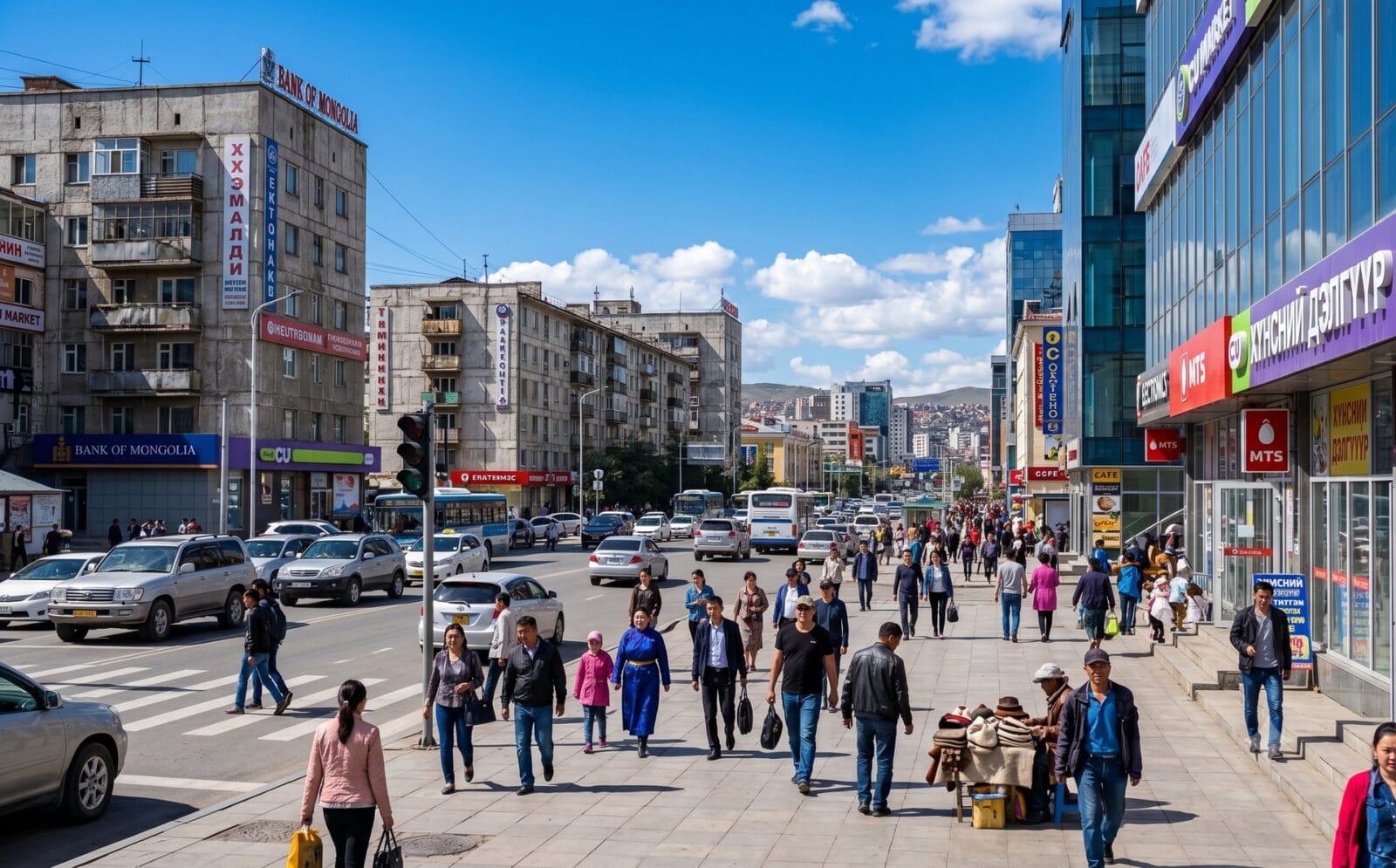 Levendige straat in Ulaanbaatar met Sovjet-betongebouwen, moderne winkels en voetgangers