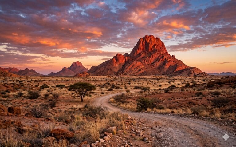 Granieten pieken van de Spitzkoppe rijzen op boven de vlakte bij zonsondergang