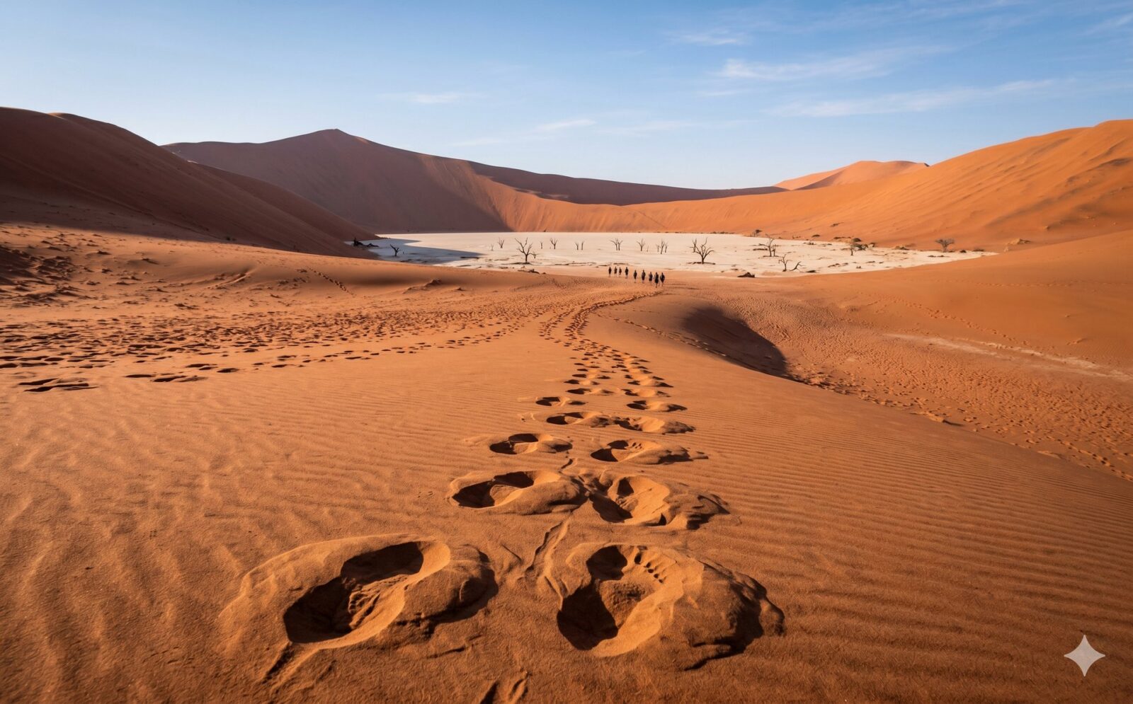 Voetstappen in los zand op een pad naar Deadvlei tussen rode duinen