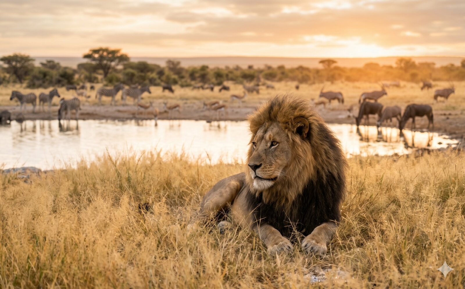 Rustende leeuw in het gouden gras bij een waterpoel in Etosha