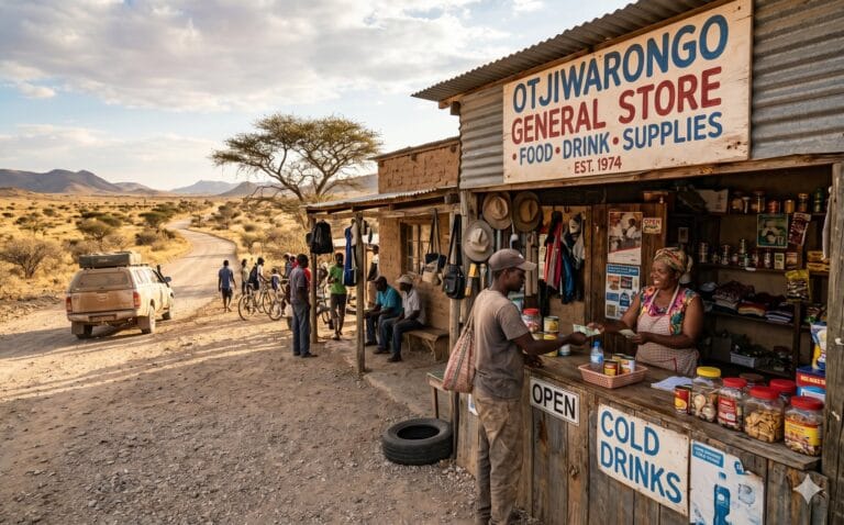 Kleine landelijke winkel met handgeschilderd bord langs een stoffige weg