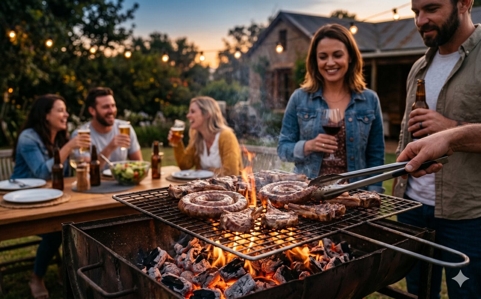 Braai met sissende boerewors en lamskoteletten op een houtskoolrooster in de avond