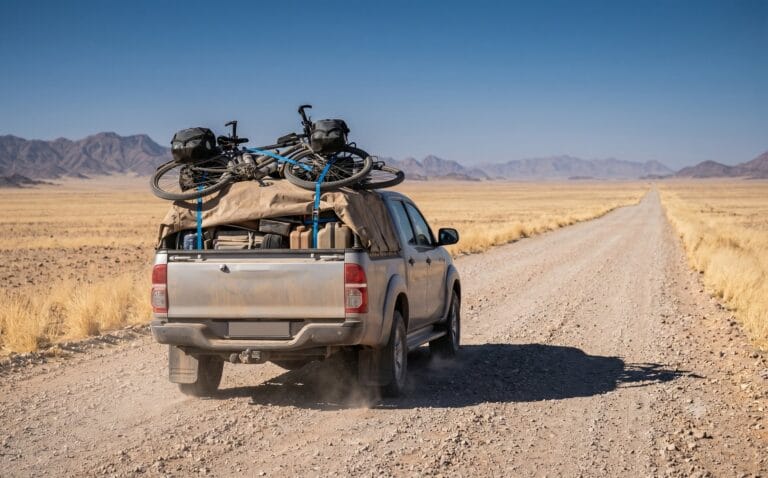 Pickup met twee bepakte reisfietsen op de laadbak rijdt over een gravelweg door de Namib-woestijn richting Walvisbaai