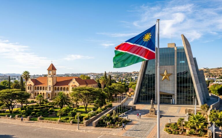 Namibische vlag wappert voor het Independence Memorial Museum in Windhoek