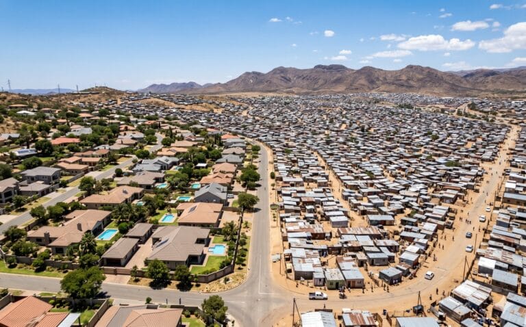 Luchtfoto van Windhoek waar villawijken met zwembaden overgaan in een township