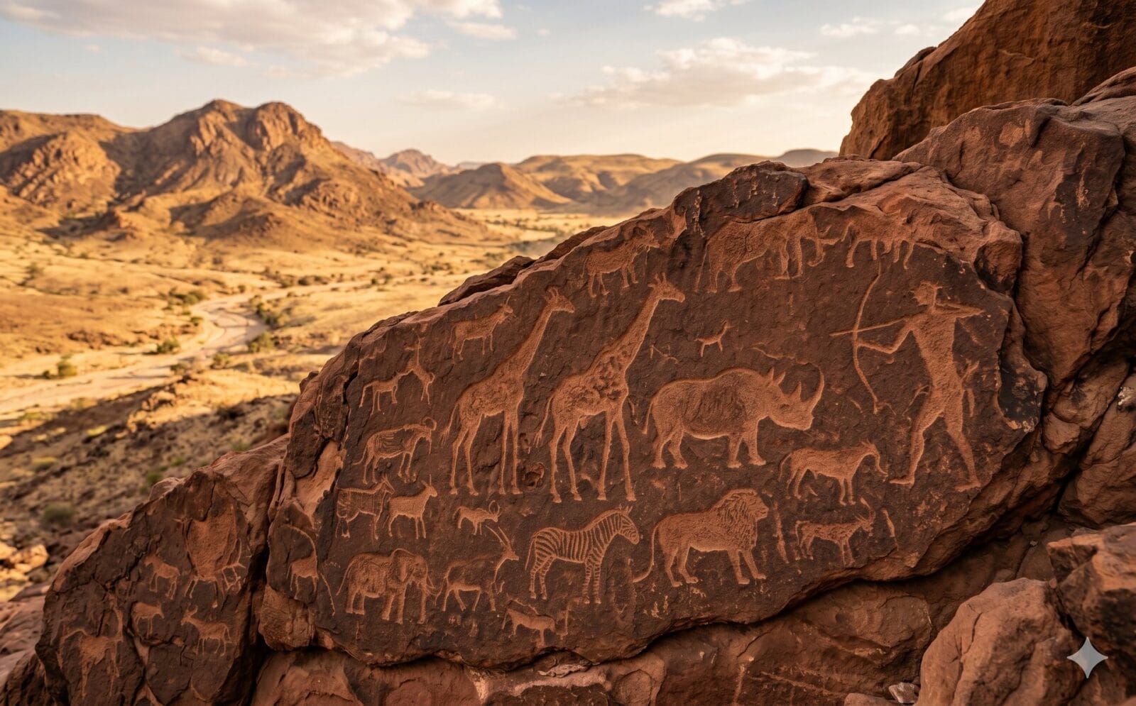 Eeuwenoude rotsgravures van dieren in roodbruine steen bij Twyfelfontein in Damaraland