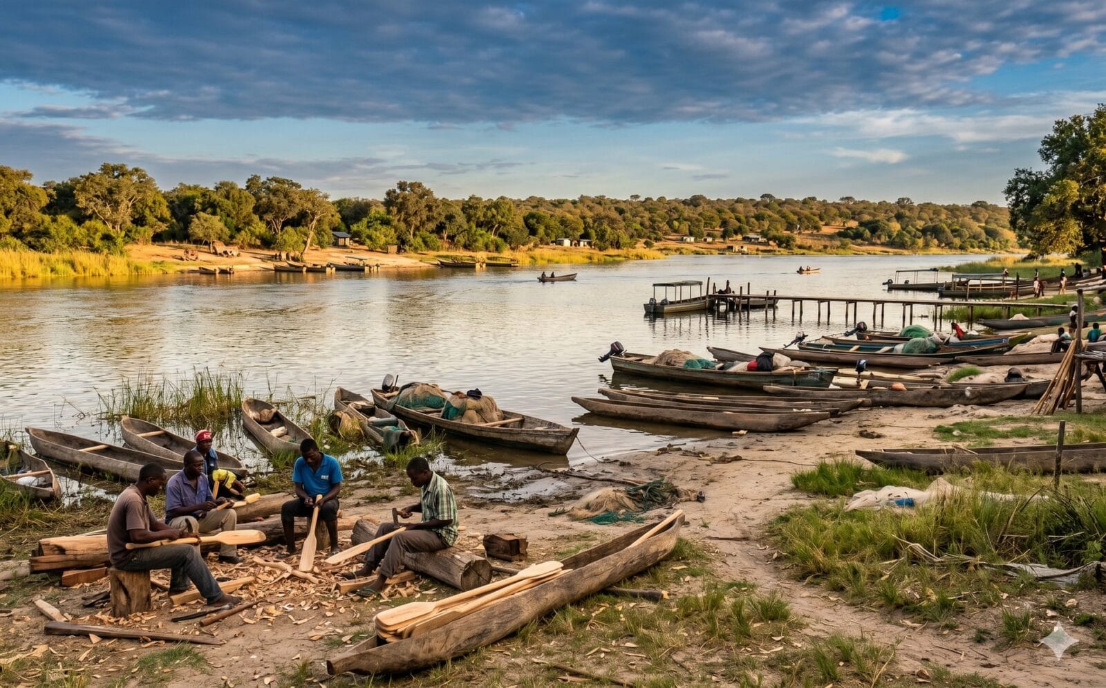Oever van de Okavango bij Rundu met houten vissersboten en Angola aan de overkant