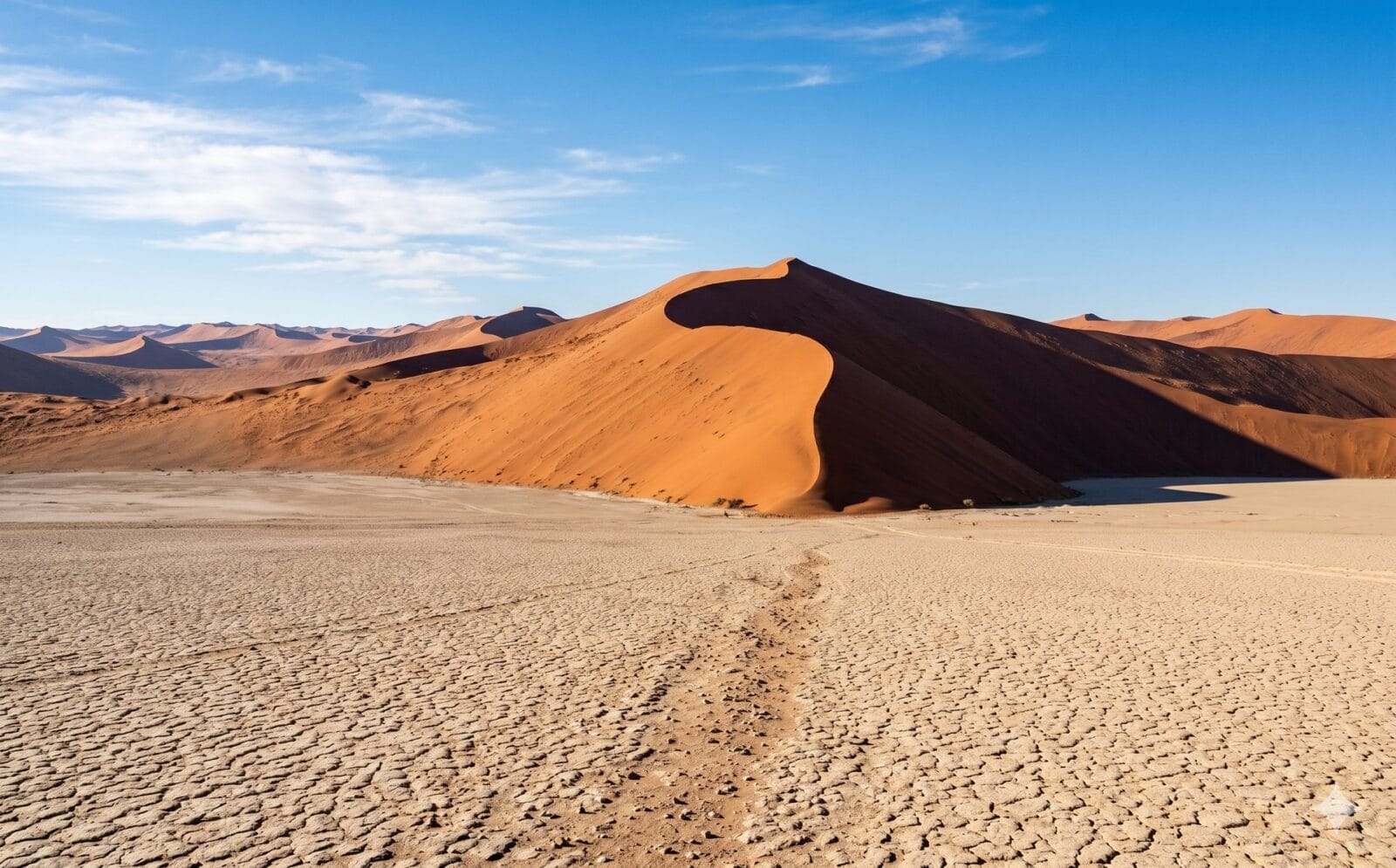 Torenhoge rode sterduinen van Sossusvlei met een gebarsten kleipan ervoor