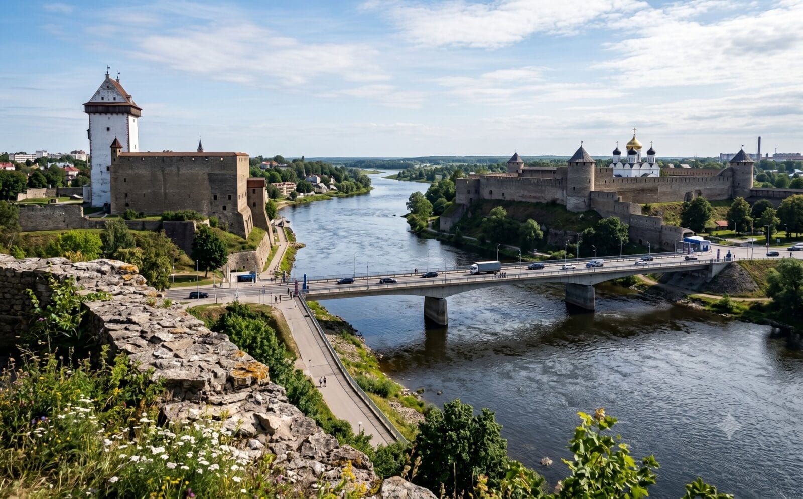 Het Narva-kasteel en het Russische Ivangorod-kasteel kijken elkaar aan over de rivier de Narova, met brug