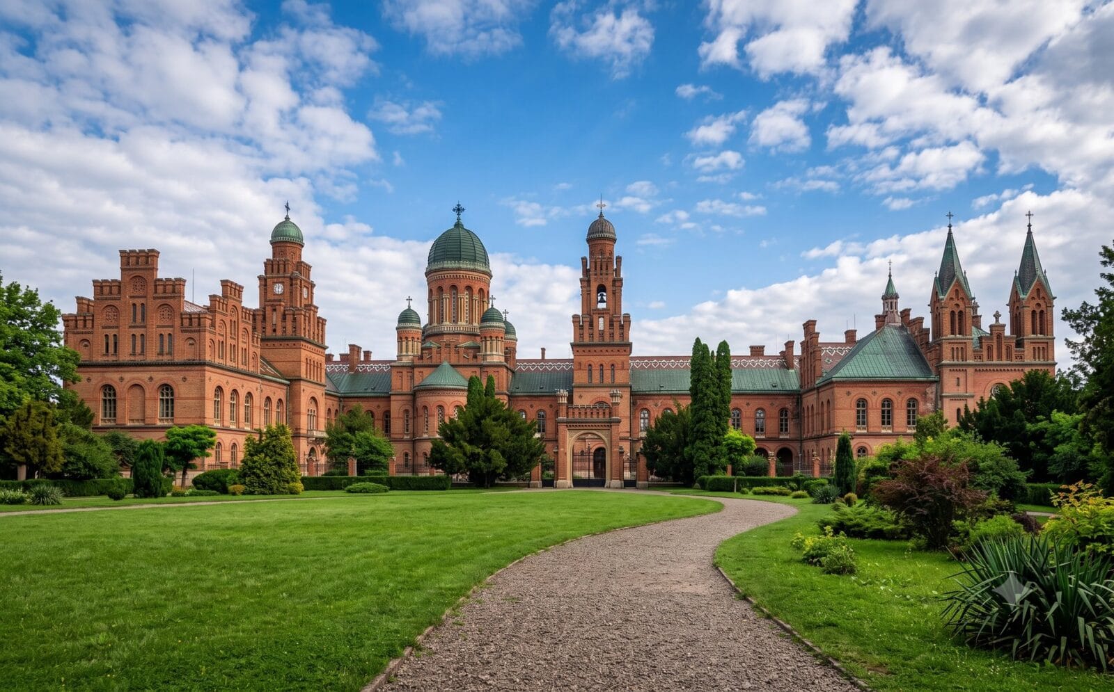 Exterieur van de Chernivtsi Nationale Universiteit, rood-bakstenen Romaans-Byzantijns complex met torenspitsen en groene daken, grasveld