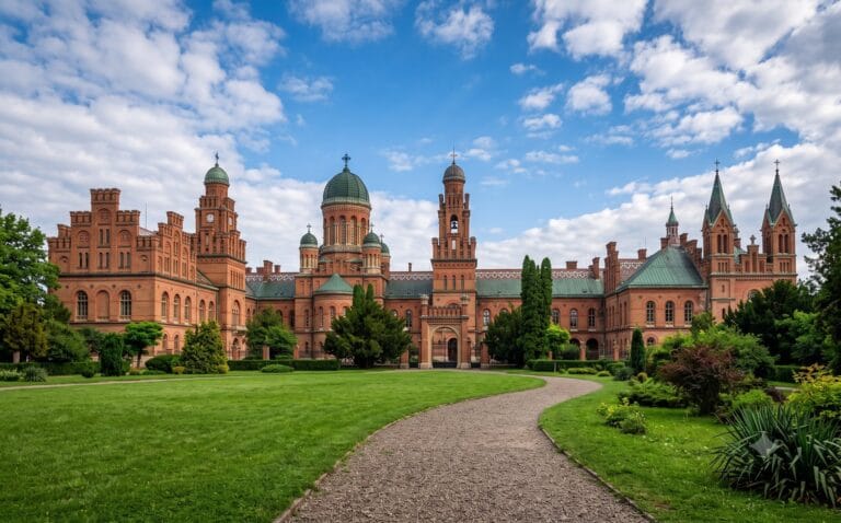 Exterieur van de Chernivtsi Nationale Universiteit, rood-bakstenen Romaans-Byzantijns complex met torenspitsen en groene daken, grasveld