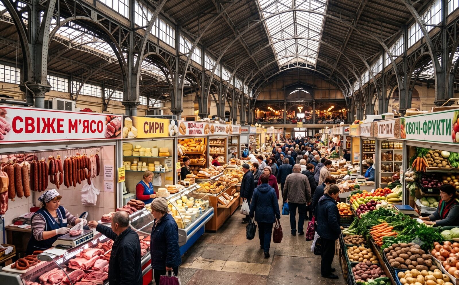 Drukke overdekte markthal in een Oekraïense stad met rijen kraampjes met vlees, kaas en groenten, hoge stalen dakconstructie