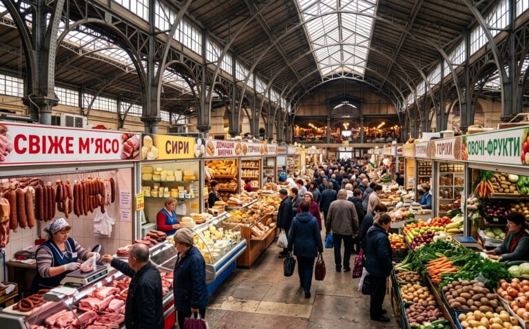 Drukke overdekte markthal in een Oekraïense stad met rijen kraampjes met vlees, kaas en groenten, hoge stalen dakconstructie