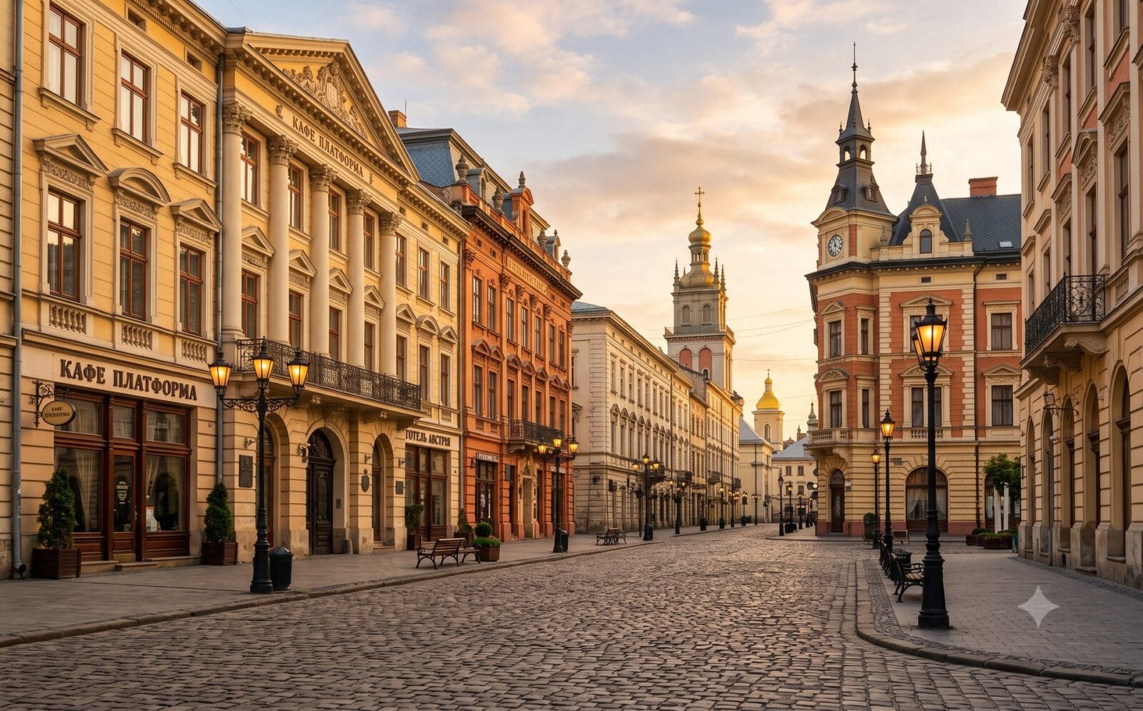 Historisch centrum van Lviv, Rynok-plein met Habsburgse panden in gele tinten, Renaissance-raadhuis op de achtergrond, kinderkopjes