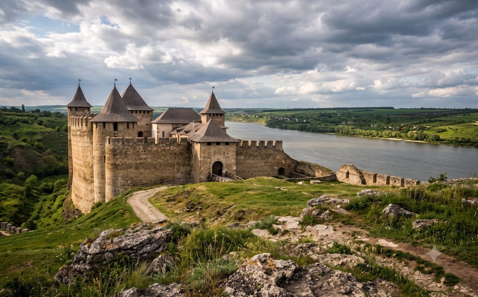 Middeleeuwse kloostermuren en gouden koepels van Pechersk Lavra boven steile Dnjepr-oever bij Kyiv, herfstbomen, brede rivier