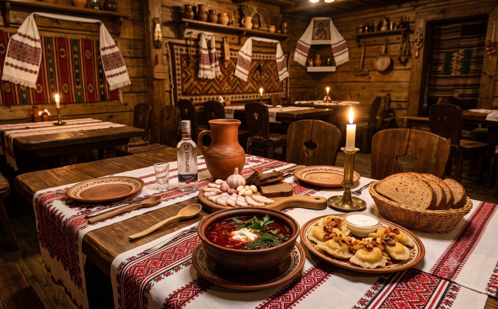 Gedekte tafel in eenvoudig Oekraïens restaurant, kom rode borsjtsj met zure room, bord varenyky, roggebrood, rood tafelkleed, warm kunstlicht