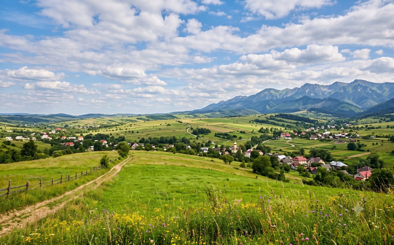 Panoramisch uitzicht over Oekraïense Karpaten, golvende beboste heuvels, dal met rivier en dorpje, ochtendmist in de valleien, bewolkte lucht
