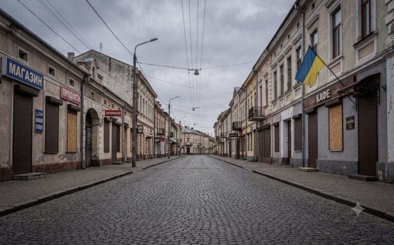 Verlaten straat in Oekraïense provinciestad, gesloten winkels, slappe Oekraïense vlag aan gevel, zwaar bewolkte lucht, geen mensen